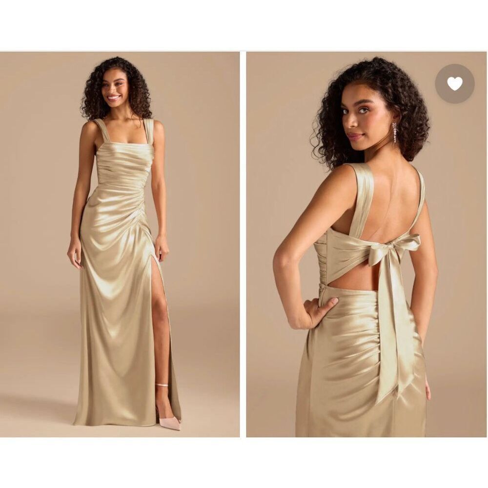 NWT Azazie Champagne Sheath Bow Metallic Satin Side Ruched Maxi Dress Women's 6